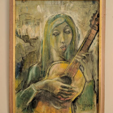 Germinal Lubrano (born 1918) Abstract Girl with Guitar Oil Painting on board AMAZING Picasso Style 