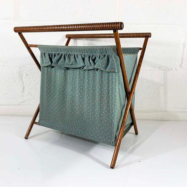 Vintage Knitting Basket Sewing Bag 1950s 1960s Fabric Crocheting Bag Rack Magazine Kit Box Blue Gray Folding MCM Mid-Century Modern 