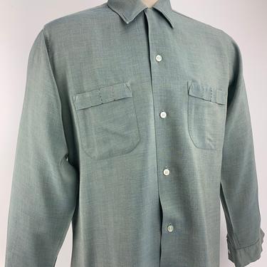 1950's Iridescent Shirt - CAMBRIDGE CLASSIC Label - Rayon Acetate Blend - Slight Green to Blue Iridescence - Loop Collar - Size Medium 