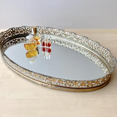 vintage brass vanity tray - ornate oval mirror tray 