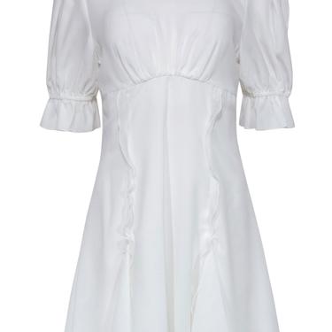 Keepsake - White Puff Sleeve Ruffled “Beloved” Sheath Dress Sz L
