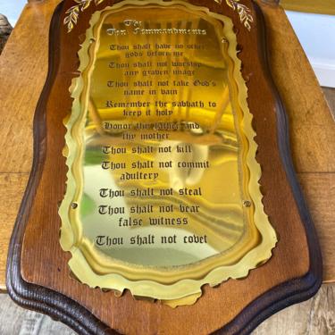 Large Vintage 1970s “The Ten Commandments” Wood and Brass Plaque 