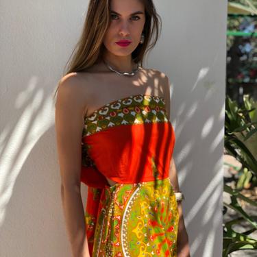 1970's Resort Dress / Batik Indian Print / Festival Maxi Gown / Late Seventies / Orange and Green / Haute Hippie Boho Dress / Wrap Dress 