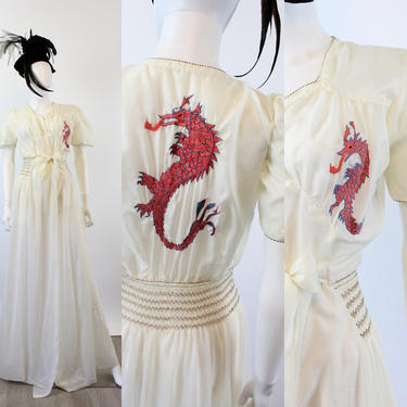 1940s WWII parachute silk DRAGON embroidered dress gown | new summer 