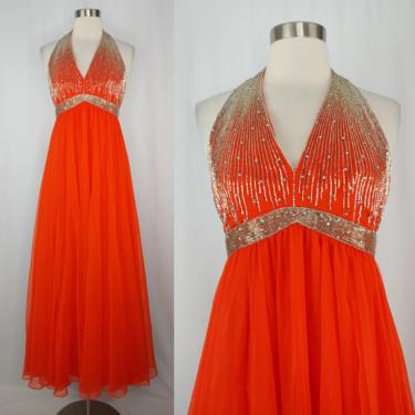 Vintage Seventies XXS Orange Beaded Halter Gown - 70s Chiffon Full Length Rhinestone Embellished Dress - Prom Formal 