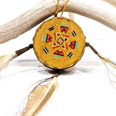 VINTAGE: Native American Hanging Feathers Drum - Handmade - Painted - SKU 26-C3-00030587 
