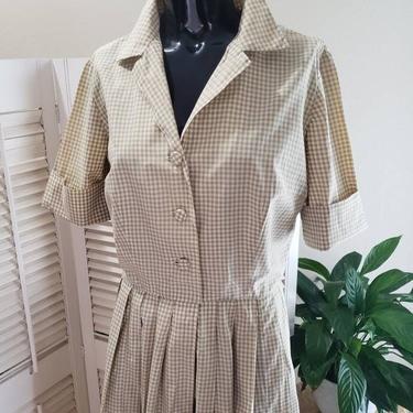 Vintage 50s Green Checked Gingham Shirtdress  M/L 