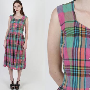 80s Rainbow Plaid Dress / Vintage 1980s Bright Color Checker Picnic Dress / Preppy Full Skirt Womens Knee Length Pockets Dress 
