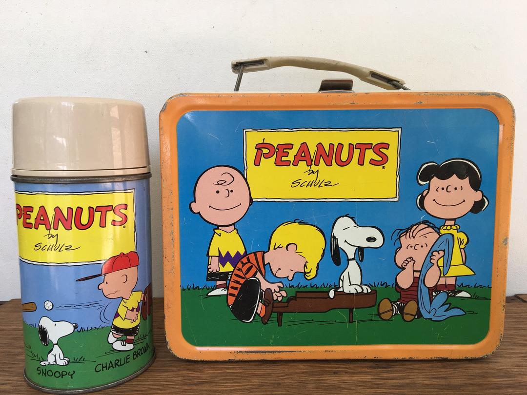 50's Peanuts Lunch Box With Thermos, Vintage 1959 Metal Lunch Box