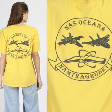 90s NAS Oceana Naval Air Base T Shirt - Men's Medium | Vintage Distressed Yellow Graphic US Navy Tee 