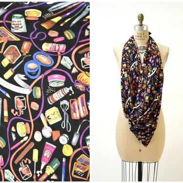 VIntage Nicole Miller Silk Scarf with Makeup Lipstick Stylist// Extra Large Silk Scarf with beauty lipstick makeup Fashion Print 