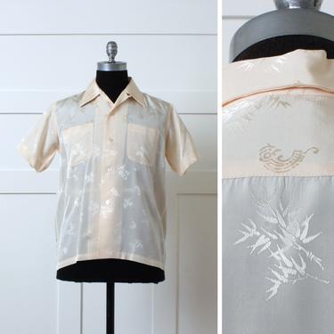 mens 1970s lightweight brocade shirt • shirt sleeve silky asian bamboo print dressy button down in light peach 