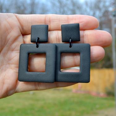 Matte Black Clay Square Hoop Earrings, Gift for Her 