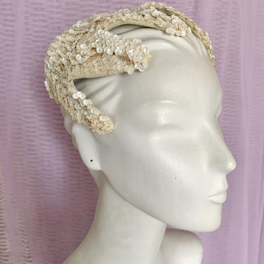 Beautiful Sequin Beaded Fascinator, Hat, Vintage 50s 60s Bride Wedding Headpiece 