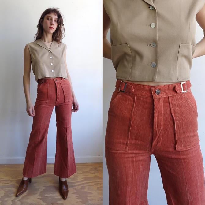 Vintage 70s Pink Corduroy Trousers/ 1970s High Waisted Buckle Wide