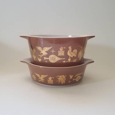 Vintage Pyrex Early American Bowls / Serve N' Store Casserole 471 473  / Colonial Brown with 22K Gold / Retro 1960s Vintage Kitchenware 