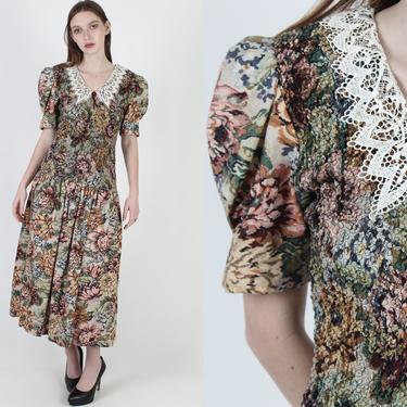 Vintage 80s Black Floral Dress Crochet Lace Collar Smocked Drop Waist Secretary Maxi Dress 