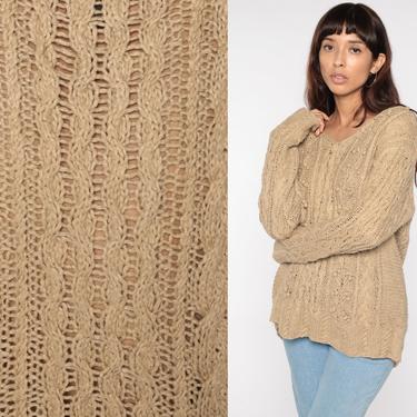 Beige Sweater 90s SILK Blend Cable Knit Sweater Pullover Slouchy Knit Boho V Neck Pullover Cableknit 1990s Vintage Cotton Retro Medium 