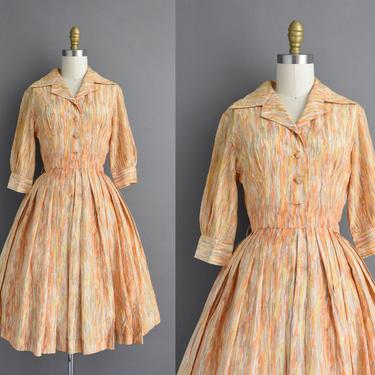 1950s vintage dress | Adorable Sherbet Abstract Print Full Skirt Shirt Dress | XS | 50s dress 