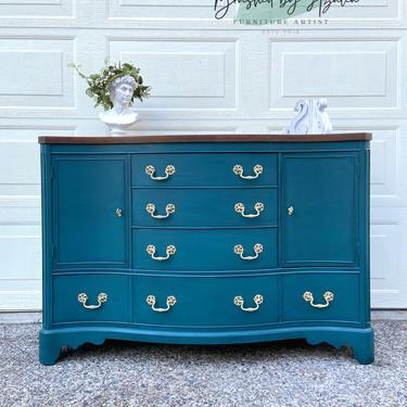 Solid wood mahogany solid buffet / credenza / tv stand / sideboard / entry way table refinished teal 