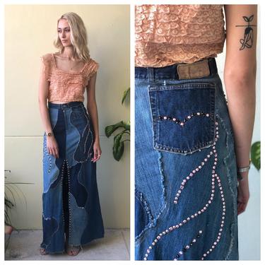 Vintage Levi's Denim Skirt / 1960's Rhinestone Studded Maxi Skirt / Festival Skirt / Denim Skirt / Haute Hippie / Patchwork / Folk art 