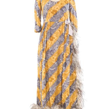 Feather Trimmed Printed Maxi Dress