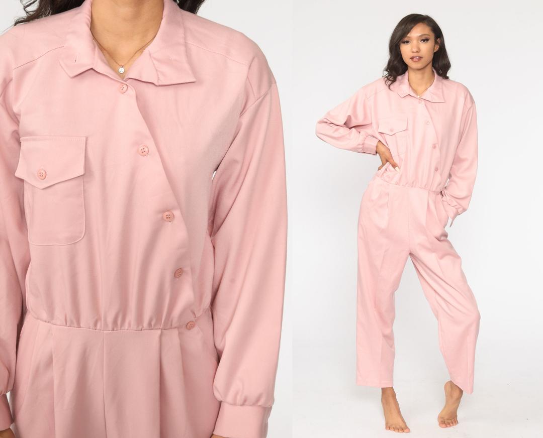 Baby Pink Jumpsuit 80s Button Up Jumpsuit Tapered Leg Pants Shop
