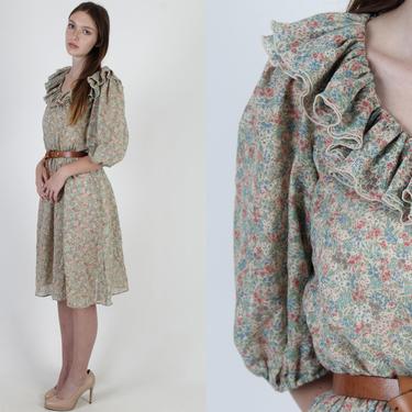 Sage Green tiny Floral Dress / Sheer Flower Secretary Day Dress / Vintage 70s Casual Puff Sleeve Midi Mini Dress 