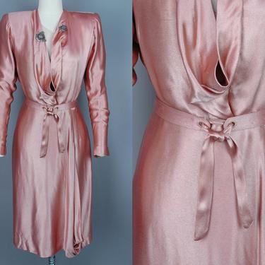 1940s Crepe Back Satin Cocktail Dress | Vintage 40s Blush Dress with Sheer Panel, Beaded Details, and Original Belt | medium 