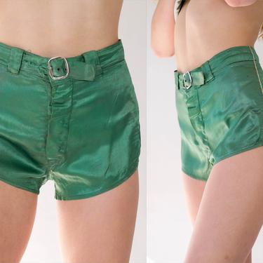 Vintage 30s 40s Emerald Green Satin Distressed Wrestling Shorts | Belted, Button Fly | Basketball, Track &amp; Filed | 1930s 1940s Satin Shorts 