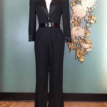 1980s jumpsuit, climax, vintage pantsuit, black rayon crepe, Puff shoulders, Beaded collar, cocktail jumpsuit, small, tuxedo, menswear style 