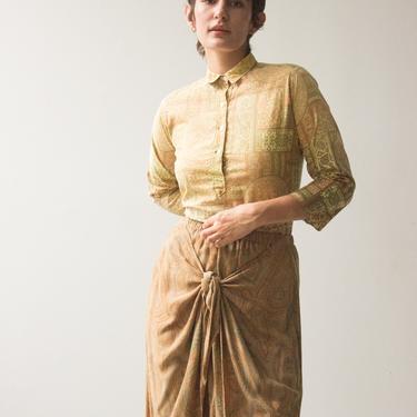 1980s Donna Karan Tie Front Paisley Skirt 