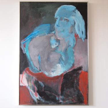 Original Raymonde DESABRES PORTRAIT PAINTING 36x24&amp;quot; Acrylic / Canvas, Blue Red Vintage Mid-Century Modern Art Abstract eames knoll era 