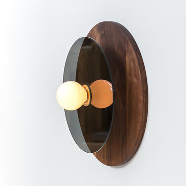 Concentric Plus Wall or Ceiling Light | Walnut And Brushed Brass With Graphite Glass Disc | UL Listed 