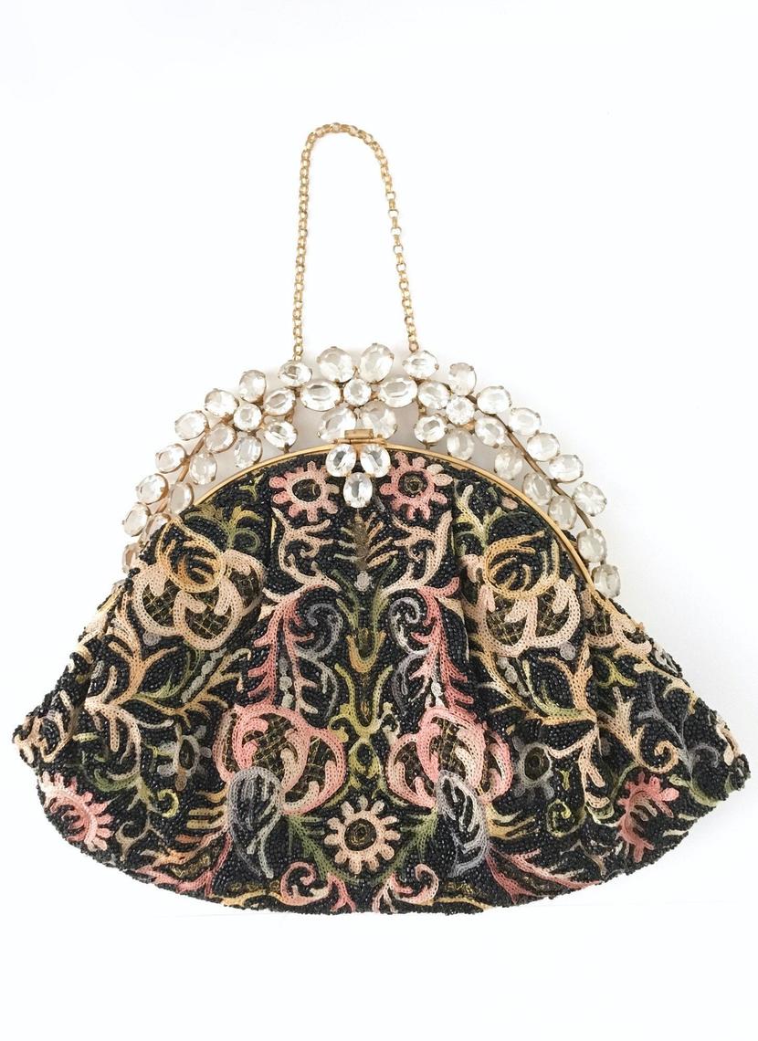 50'S Glass Glass Bead and Crewel Embroidered Hand Bag-Hong Kong