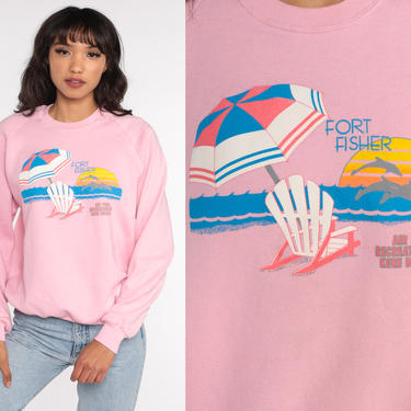 80s Fort Fisher Sweatshirt Dolphin Sweatshirt Kure Beach Graphic Print 1980s Vintage Raglan Sleeve Baby Pink 1980s Pullover Medium Large 