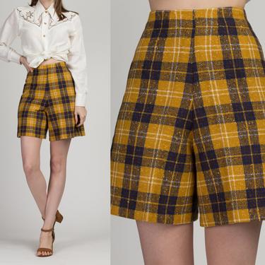 60s 70s Plaid High Waisted Shorts - XXS, 22&quot; | Vintage Wool Retro Trouser Shorts 