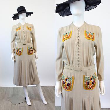 1930s 1940s FOGA embroidered POCKETS rayon dress medium  | new winter 