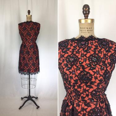 Vintage 50s wiggle dress | Vintage orange black lace sequin party dress | 1950's cocktail dress 