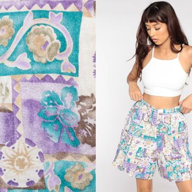 Floral Shorts 90s Baggy Shorts Purple Turquoise Summer Wide Leg Surfer High Waisted Retro Vintage 1990s Medium 