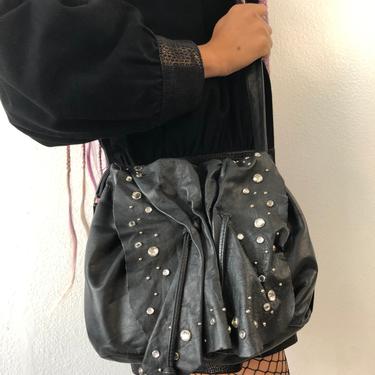 Vintage Black Leather Shoulder Bag With Rhinestone Crystals 
