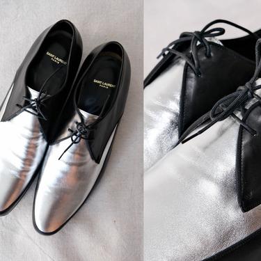 SAINT LAURENT Black &amp; Silver Blake Derby Lace Up Loafers Unworn w/ Box | Made in Italy | Size 44/11 | Hedi Slimane Era | YSL Designer Shoes 