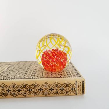 Vintage Glass Paperweight / Red Yellow Swirl Paperweight / Spherical Art Glass Paperweight / Solid Glass Paperweight / Home Office Decor 