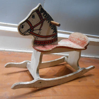 Vintage Wood Rocking Horse Childs Riding Toy Pretend Play Wooden Painted Red White Childs Kids Nursery Decor 