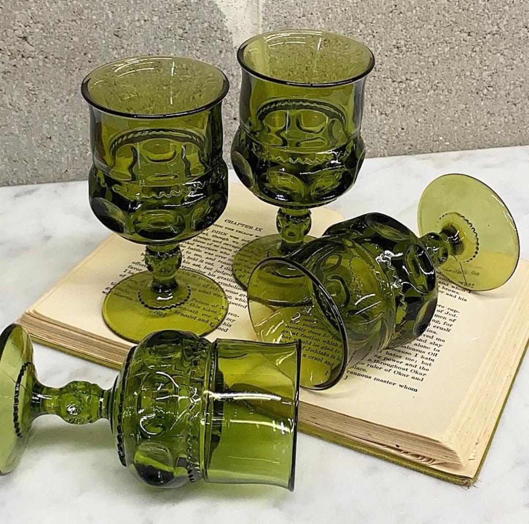 Vintage Wine Glasses Retro 1970s Mid Century Modern + Green