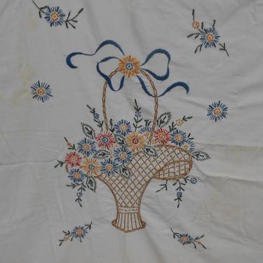 Vintage Hand Embroidered  Table Cover with Flower Basket 