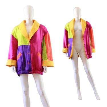 1990s Oversized Color Block Silk Coat - 1990s Oversized Jacket - 1990s Color Block Jacket - 1990s Bold Color Jacket | Size Large 