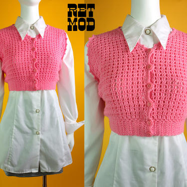 Bright Pink Knit Cropped Sweater Vest - Pop and Cute and Kawaii! Kitsch! Hot! 