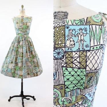 1950s novelty print dress xs | vintage wedding scene dress 