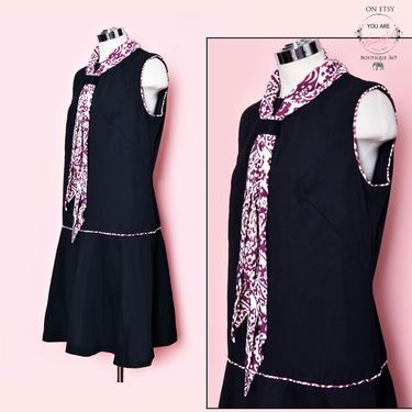 60's Vintage Mod Dress Black Stewardess Style 1960's Shift Dress Sailor Moon Lolita Babydoll 